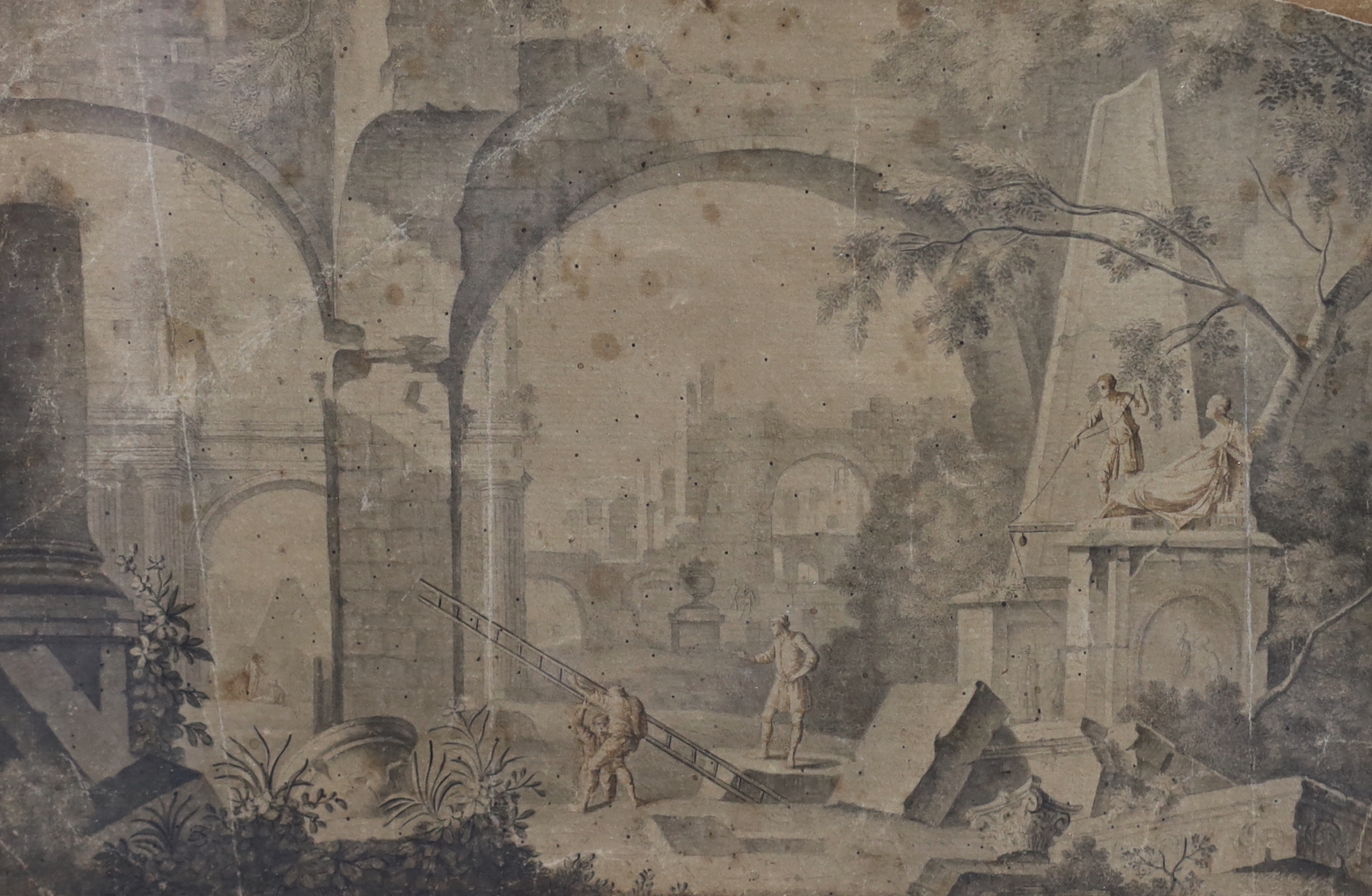 Circle of Marco Ricci (Italian, 1676-1729), Architectural Capriccio with Figures amongst Ruins, watercolour on paper, 19.5 x 29.5cm